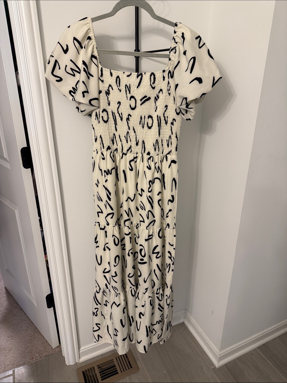 Cream Midi Dress with Black Abstract Print and Puff Sleeves